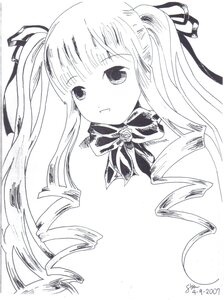 Rating: Safe Score: 0 Tags: 1girl bowtie drill_hair flower greyscale hair_ribbon image long_hair looking_at_viewer monochrome ribbon ringlets rose shinku simple_background solo traditional_media twin_drills twintails white_background User: admin