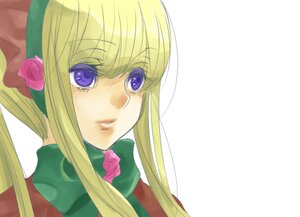 Rating: Safe Score: 0 Tags: 1girl bangs blonde_hair blue_eyes bonnet bow bowtie face flower green_bow image long_hair looking_at_viewer pink_flower pink_rose portrait purple_eyes rose shinku sidelocks simple_background solo white_background User: admin