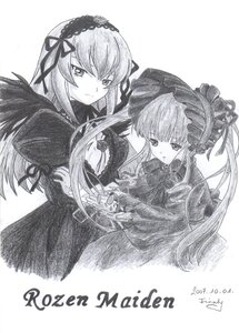 Rating: Safe Score: 0 Tags: 2girls dated dress flower frills greyscale hairband image long_hair long_sleeves looking_at_viewer monochrome multiple_girls pair shinku smile suigintou traditional_media upper_body User: admin
