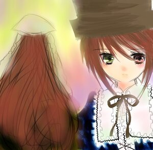 Rating: Safe Score: 0 Tags: 1girl blush brown_hair dress frills green_eyes hat image pair short_hair solo souseiseki suiseiseki User: admin