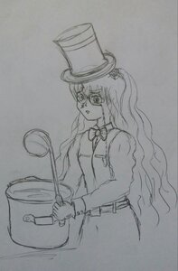 Rating: Safe Score: 0 Tags: 1girl barasuishou bow bowtie hat holding image long_hair long_sleeves monochrome sketch solo top_hat traditional_media User: admin