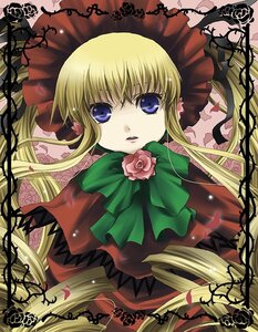 Rating: Safe Score: 0 Tags: 1girl blonde_hair blue_eyes bonnet bow bowtie dress flower green_bow green_neckwear image long_hair long_sleeves looking_at_viewer pink_rose red_dress rose shinku sidelocks solo twintails yellow_background User: admin