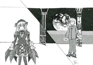 Rating: Safe Score: 0 Tags: 1boy 1girl dress full_moon greyscale hairband image long_hair long_sleeves monochrome moon outdoors ribbon sky solo standing suigintou wings User: admin