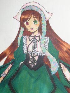 Rating: Safe Score: 0 Tags: 1girl brown_hair dress frills green_dress heterochromia image long_hair long_sleeves looking_at_viewer open_mouth red_eyes simple_background solo suiseiseki traditional_media very_long_hair User: admin