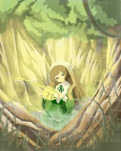 Rating: Safe Score: 0 Tags: 1girl black_ribbon brown_hair dress forest grass green_dress green_eyes heterochromia image long_hair long_sleeves nature outdoors red_eyes ribbon sitting solo suiseiseki tree very_long_hair User: admin