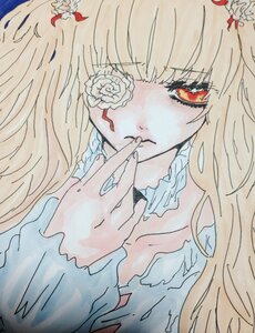 Rating: Safe Score: 0 Tags: 1girl bangs blonde_hair eyepatch flower hair_ornament image kirakishou long_hair looking_at_viewer red_eyes rose solo traditional_media upper_body User: admin