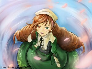 Rating: Safe Score: 0 Tags: 1girl :d artist_name auto_tagged blush brown_hair dress drill_hair frills from_above green_dress green_eyes hat heterochromia image long_hair long_sleeves looking_at_viewer open_mouth outdoors petals red_eyes smile solo suiseiseki twin_drills twintails very_long_hair water User: admin