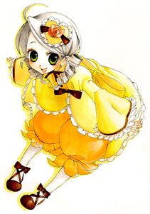 Rating: Safe Score: 0 Tags: 1girl ahoge blonde_hair dress drill_hair flower frills full_body green_eyes hat image kanaria long_sleeves rose smile solo twin_drills yellow_dress User: admin