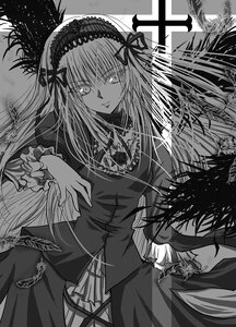 Rating: Safe Score: 0 Tags: 1girl dress flower frills greyscale hairband image long_hair long_sleeves looking_at_viewer monochrome solo suigintou very_long_hair wings User: admin