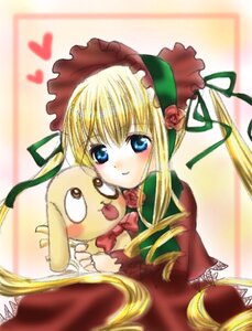 Rating: Safe Score: 0 Tags: 1girl blonde_hair blue_eyes blush bonnet bow bowtie cup dress green_bow heart image long_hair long_sleeves red_dress ribbon rose shinku solo upper_body User: admin