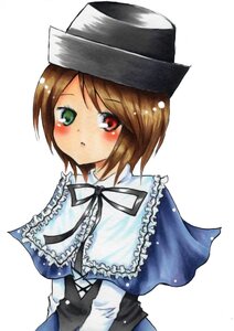 Rating: Safe Score: 0 Tags: 1girl :o black_ribbon blush brown_hair capelet dress frills green_eyes hat heterochromia image long_sleeves looking_at_viewer red_eyes ribbon short_hair simple_background solo souseiseki suiseiseki white_background User: admin