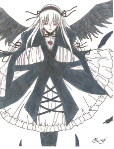 Rating: Safe Score: 0 Tags: 1girl black_wings dress feathers flower frills hairband image long_hair long_sleeves looking_at_viewer pink_eyes rose solo suigintou very_long_hair white_background wings User: admin