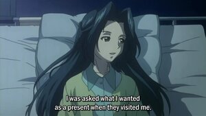 Rating: Safe Score: 0 Tags: 1girl bed black_hair english_text hair_intakes human image indoors kakizaki_megu long_hair lying on_bed pillow screencap solo subtitled under_covers upper_body User: admin