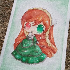 Rating: Safe Score: 0 Tags: 1girl bow chibi dress green_dress hong_meiling image long_hair looking_at_viewer red_eyes red_hair solo suiseiseki traditional_media very_long_hair User: admin
