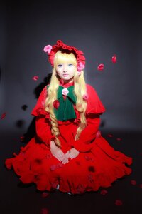 Rating: Safe Score: 0 Tags: 1girl blonde_hair blue_eyes bonnet capelet dress flower long_hair petals red_dress rose rose_petals shinku sitting solo twintails User: admin