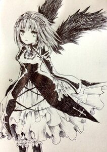 Rating: Safe Score: 0 Tags: 1girl dress feathered_wings frills greyscale image long_hair long_sleeves looking_at_viewer monochrome solo suigintou traditional_media wings User: admin