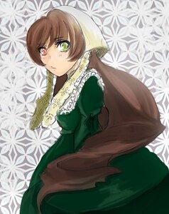 Rating: Safe Score: 0 Tags: 1girl brown_hair dress floral_background frills green_dress green_eyes head_scarf heterochromia image long_hair long_sleeves looking_at_viewer red_eyes solo suiseiseki User: admin