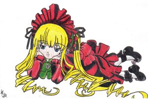Rating: Safe Score: 0 Tags: 1girl blonde_hair blue_eyes blush bonnet bow bowtie dress full_body image long_hair long_sleeves looking_at_viewer lying marker_(medium) on_stomach red_dress shinku simple_background solo tears traditional_media white_background User: admin