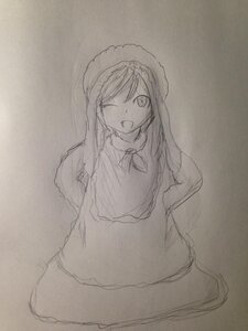 Rating: Safe Score: 0 Tags: 1girl :d ;d bangs dress full_body image long_hair long_sleeves looking_at_viewer monochrome one_eye_closed open_mouth photo sitting sketch smile solo suiseiseki traditional_media very_long_hair User: admin