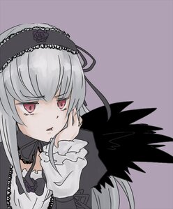 Rating: Safe Score: 3 Tags: 1girl black_dress black_wings dress flower frills gothic_lolita hairband image lolita_fashion long_hair long_sleeves looking_at_viewer red_eyes rose silver_hair simple_background solo suigintou upper_body wings User: admin