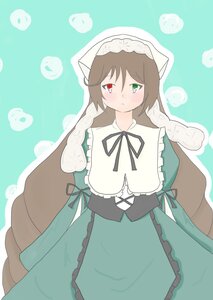 Rating: Safe Score: 0 Tags: 1girl black_ribbon blush brown_hair dress frills green_dress green_eyes head_scarf heterochromia image long_hair long_sleeves looking_at_viewer red_eyes ribbon solo suiseiseki very_long_hair User: admin