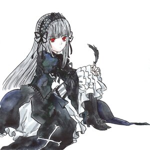 Rating: Safe Score: 0 Tags: 1girl bangs closed_mouth dress expressionless feathers flower frilled_sleeves frills hairband image long_hair long_sleeves looking_at_viewer red_eyes rose simple_background solo suigintou wings User: admin