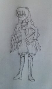 Rating: Safe Score: 0 Tags: 1girl book boots dress full_body greyscale hand_on_hip hat image kirakishou knee_boots long_hair monochrome sketch solo standing traditional_media User: admin