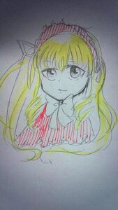 Rating: Safe Score: 0 Tags: 1girl bangs blonde_hair bow bowtie closed_mouth eyebrows_visible_through_hair hairband image long_hair looking_at_viewer photo shinku smile solo traditional_media watercolor_(medium) User: admin