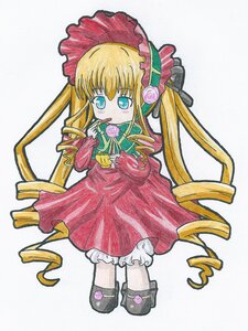Rating: Safe Score: 0 Tags: 1girl blonde_hair bloomers blue_eyes bonnet bow bowtie colored_pencil_(medium) dress drill_hair flower full_body image long_hair long_sleeves marker_(medium) pink_flower pink_rose red_capelet red_dress ringlets rose shinku simple_background solo traditional_media twin_drills twintails underwear very_long_hair white_background User: admin