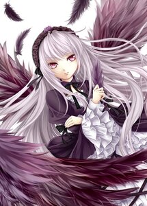 Rating: Safe Score: 0 Tags: 1girl black_ribbon black_wings detached_collar dress feathered_wings feathers flower frilled_sleeves frills hairband image long_hair long_sleeves looking_at_viewer pink_eyes ribbon rose silver_hair simple_background solo suigintou very_long_hair wings User: admin