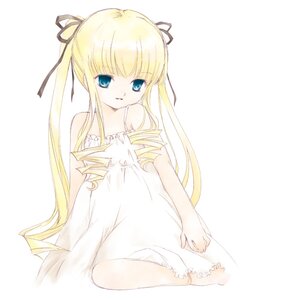 Rating: Safe Score: 0 Tags: 1girl bare_shoulders blonde_hair blue_eyes dress drill_hair hair_ribbon image long_hair looking_at_viewer ribbon shinku simple_background sitting smile solo twintails very_long_hair white_background white_dress User: admin