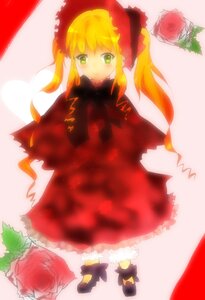 Rating: Safe Score: 0 Tags: 1girl blonde_hair bonnet bow dress flower frills full_body green_eyes image long_hair long_sleeves looking_at_viewer red_dress red_flower red_rose rose shinku solo standing striped striped_background twintails User: admin