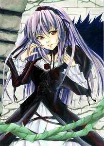 Rating: Safe Score: 0 Tags: 1girl detached_collar dress frills image long_hair long_sleeves looking_at_viewer marker_(medium) parted_lips plant red_eyes rose solo suigintou traditional_media very_long_hair User: admin