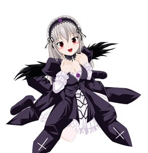 Rating: Safe Score: 3 Tags: 1girl :d black_wings blush breasts cleavage detached_collar dress frills hairband image long_hair long_sleeves looking_at_viewer open_mouth puffy_sleeves red_eyes silver_hair smile solo suigintou white_background wings User: admin