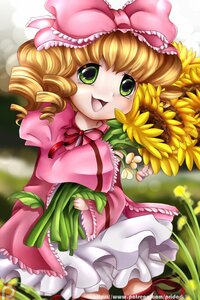 Rating: Safe Score: 0 Tags: 1girl blonde_hair bow dress drill_hair flower frills green_eyes hina_ichigo hinaichigo image long_sleeves looking_at_viewer object_namesake open_mouth pink_bow pink_dress smile solo sunflower watermark User: admin