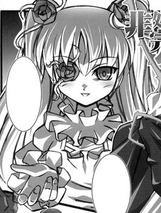 Rating: Safe Score: 0 Tags: 1girl blush dress eyepatch flower frills greyscale hair_ornament image kirakishou lolita_fashion long_hair long_sleeves monochrome rose smile solo twintails two_side_up User: admin