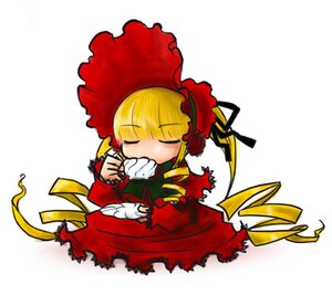 Rating: Safe Score: 0 Tags: 1girl blonde_hair bonnet bow chibi closed_eyes cup dress image long_hair long_sleeves pink_bow red_dress rose shinku simple_background solo twintails User: admin