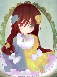 Rating: Safe Score: 0 Tags: 1girl blush bow brown_hair dress flower green_eyes hair_ornament heterochromia image long_hair long_sleeves looking_at_viewer solo suiseiseki User: admin