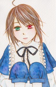 Rating: Safe Score: 0 Tags: 1girl blue_dress dress frills green_eyes heterochromia image looking_at_viewer puffy_sleeves red_eyes short_sleeves simple_background solo souseiseki swept_bangs traditional_media upper_body watercolor_(medium) white_background User: admin