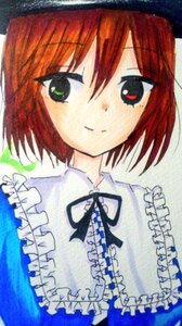 Rating: Safe Score: 0 Tags: 1girl closed_mouth eyebrows_visible_through_hair frills green_eyes hat image looking_at_viewer neck_ribbon ribbon short_hair simple_background smile solo souseiseki traditional_media upper_body white_background User: admin