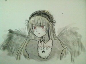 Rating: Safe Score: 0 Tags: 1girl black_wings detached_collar dress feathered_wings flower frills hairband image long_hair long_sleeves looking_at_viewer red_eyes solo suigintou traditional_media upper_body wings User: admin