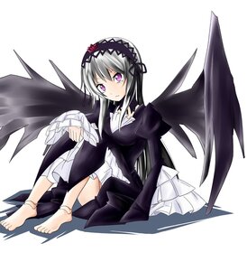 Rating: Safe Score: 0 Tags: 1girl anklet barefoot black_wings doll_joints dress feet frilled_sleeves frills full_body gothic_lolita hairband image jewelry joints long_hair long_sleeves looking_at_viewer purple_eyes silver_hair sitting solo suigintou white_background wings User: admin