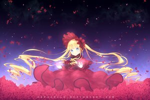 Rating: Safe Score: 0 Tags: 1girl blonde_hair blue_eyes bow capelet dress drill_hair flower flower_field image long_hair long_sleeves petals red_dress red_flower red_rose rose rose_petals shinku sky solo twintails very_long_hair User: admin