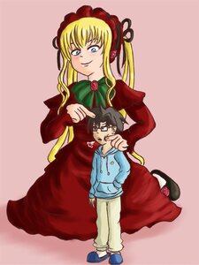 Rating: Safe Score: 0 Tags: 1boy 1girl blonde_hair blue_eyes bonnet bowtie dress glasses image long_hair long_sleeves red_dress rose shinku shoes sitting solo User: admin