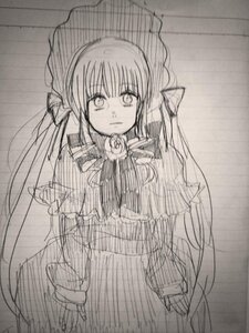 Rating: Safe Score: 0 Tags: 1girl dress image long_hair long_sleeves looking_at_viewer monochrome shinku simple_background sketch solo very_long_hair white_background User: admin