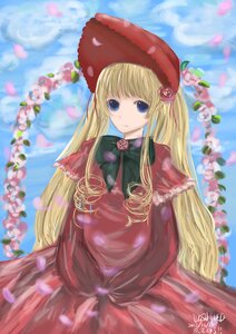 Rating: Safe Score: 0 Tags: 1girl blonde_hair blue_eyes blurry bonnet bow bowtie capelet day dress flower green_bow hat image long_hair long_sleeves looking_at_viewer petals pink_flower red_capelet red_dress rose rose_petals shinku sky solo twintails very_long_hair User: admin