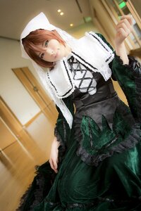 Rating: Safe Score: 0 Tags: 1girl brown_hair corset dress frills green_dress green_eyes head_scarf long_sleeves looking_at_viewer smile solo suiseiseki User: admin