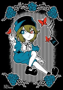 Rating: Safe Score: 0 Tags: 1girl blonde_hair blue_butterfly blue_eyes blue_flower blue_rose bug butterfly dress flower hat heterochromia image insect red_eyes rose short_hair solo souseiseki squiggle User: admin