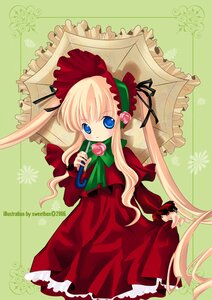 Rating: Safe Score: 0 Tags: 1girl blonde_hair blue_eyes bonnet bow bowtie dress flower green_bow green_neckwear holding image long_hair long_sleeves looking_at_viewer red_dress rose shinku solo twintails umbrella very_long_hair User: admin