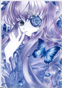 Rating: Safe Score: 0 Tags: 1girl barasuishou blue_butterfly bug butterfly butterfly_hair_ornament flower hair_ornament image insect long_hair marker_(medium) rose solo traditional_media User: admin